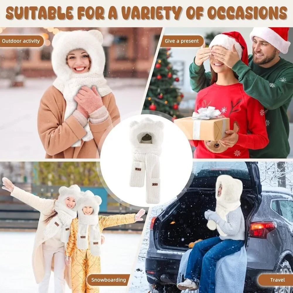 Women's White Hooded Scarf Cute Bear Ear Hat Faux Fur Gloves Set Soft